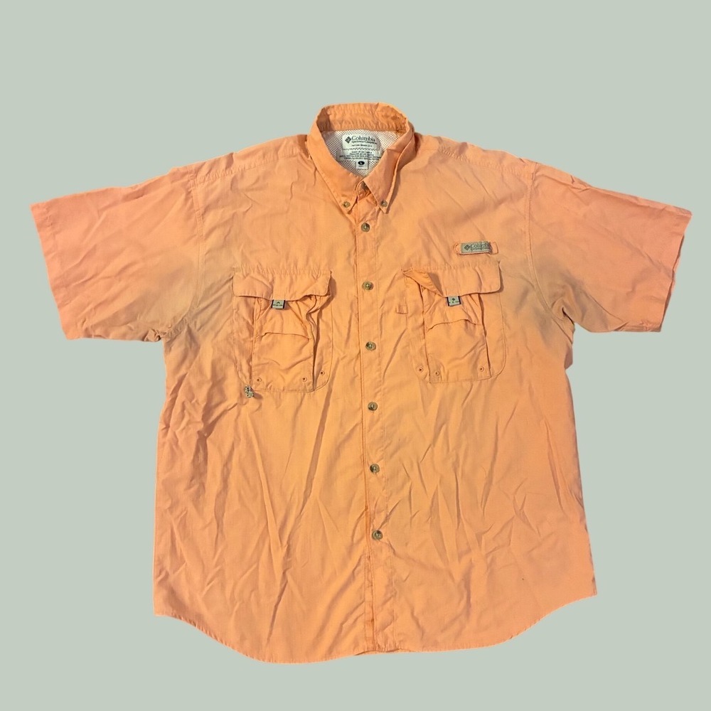 Columbia PFG Fishing Shirt Mens Large Peach Orange Short Sleeve Button Down Gorp